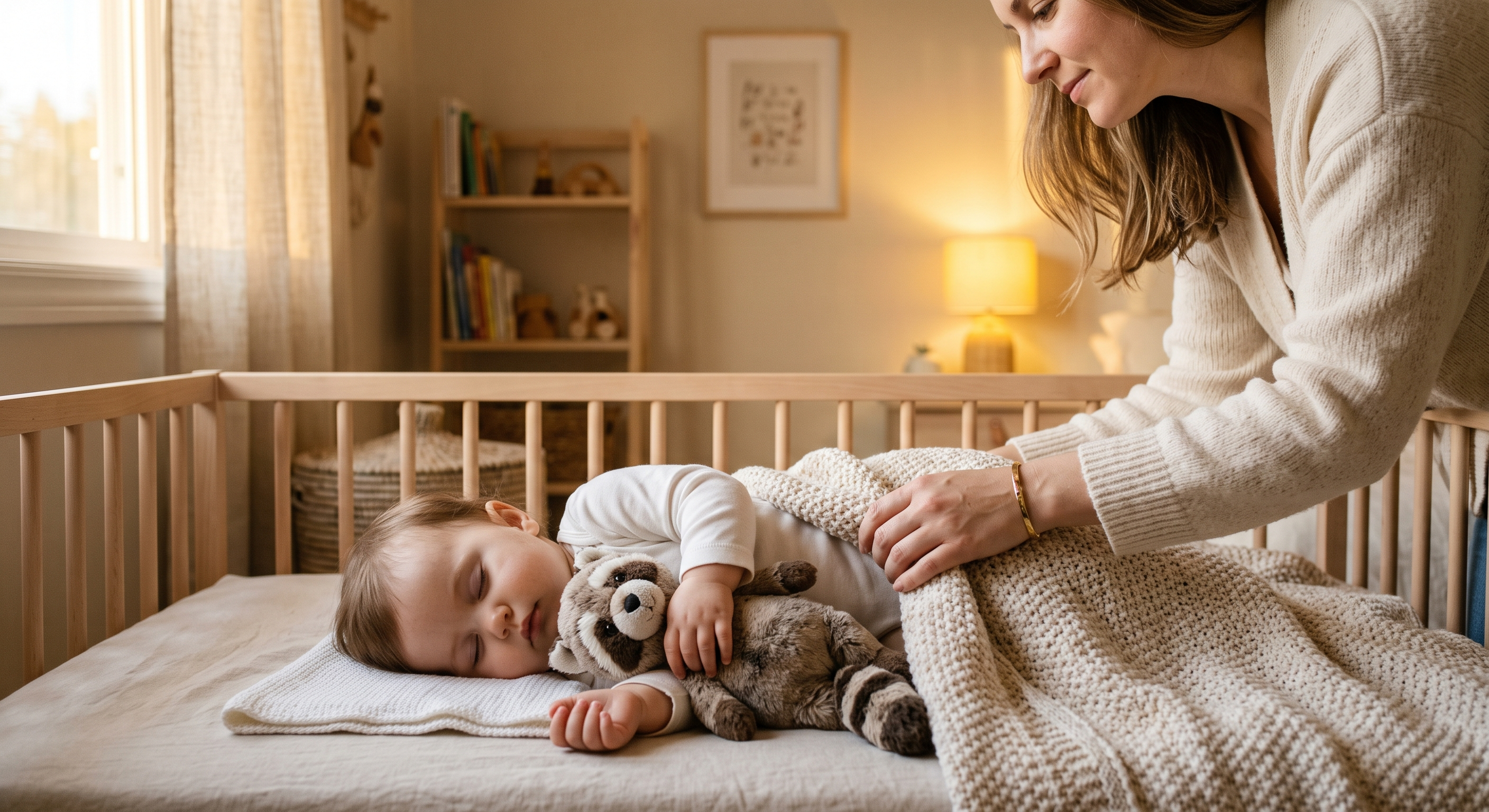 Um bebê dorme em um berço de madeira abraçado a um guaxinim de pelúcia. Uma mulher o cobre com uma manta de tricô clara. O quarto ao fundo é aconchegante e tem iluminação suave e quente.