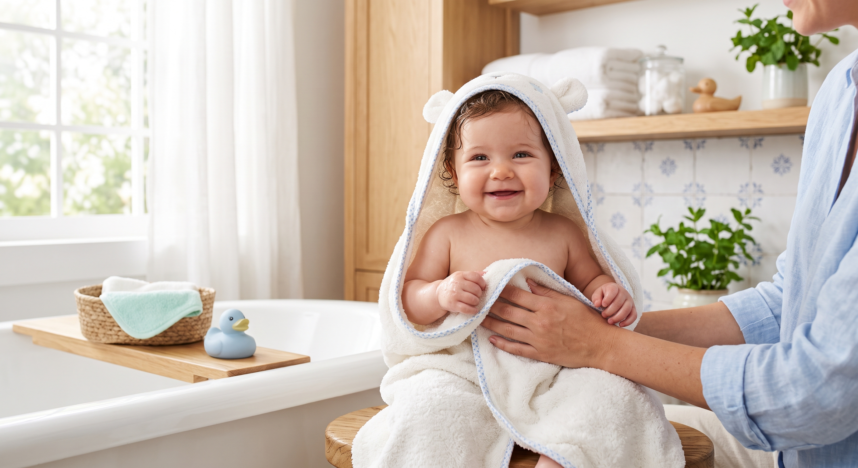 Um bebê sorridente com capuz de orelhinhas está envolvido em uma toalha branca. Uma mulher o segura delicadamente. Ao lado, há uma banheira com um patinho azul e, ao fundo, uma janela iluminada.