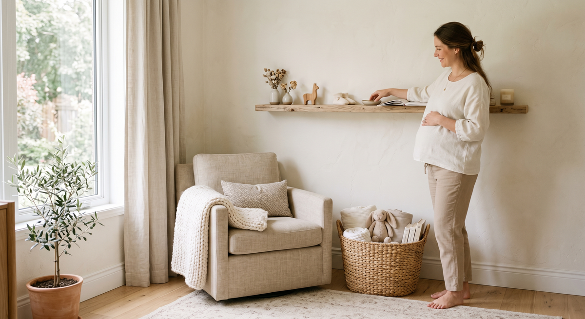 Mulher grávida organiza prateleira em sala minimalista e iluminada. Há uma poltrona bege com manta de tricô, cesto de palha com pelúcia e vaso de planta perto da janela. Tons neutros de off-white e madeira transmitem paz e aconchego.